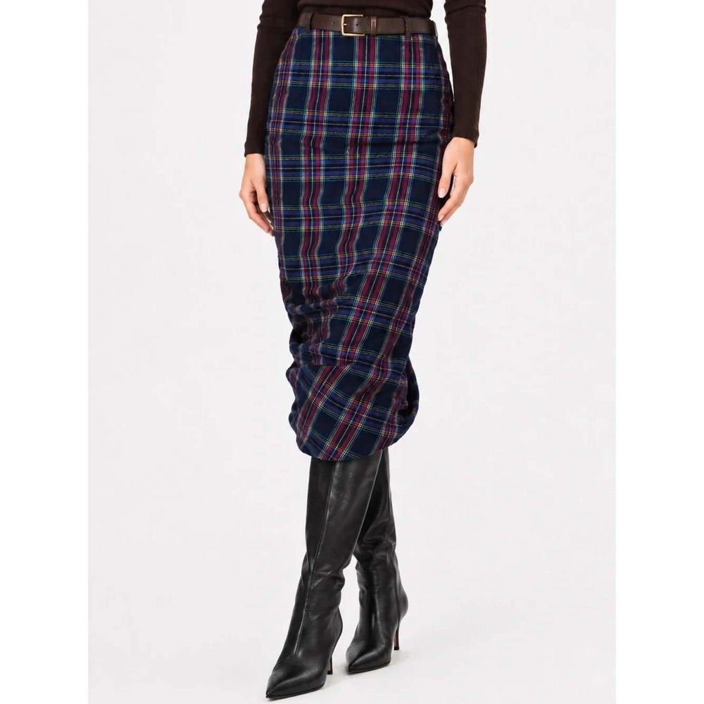 Zara Tartan Plaid Bubble Hem Midi Skirt Blue Red Multi Crinkle Texture M